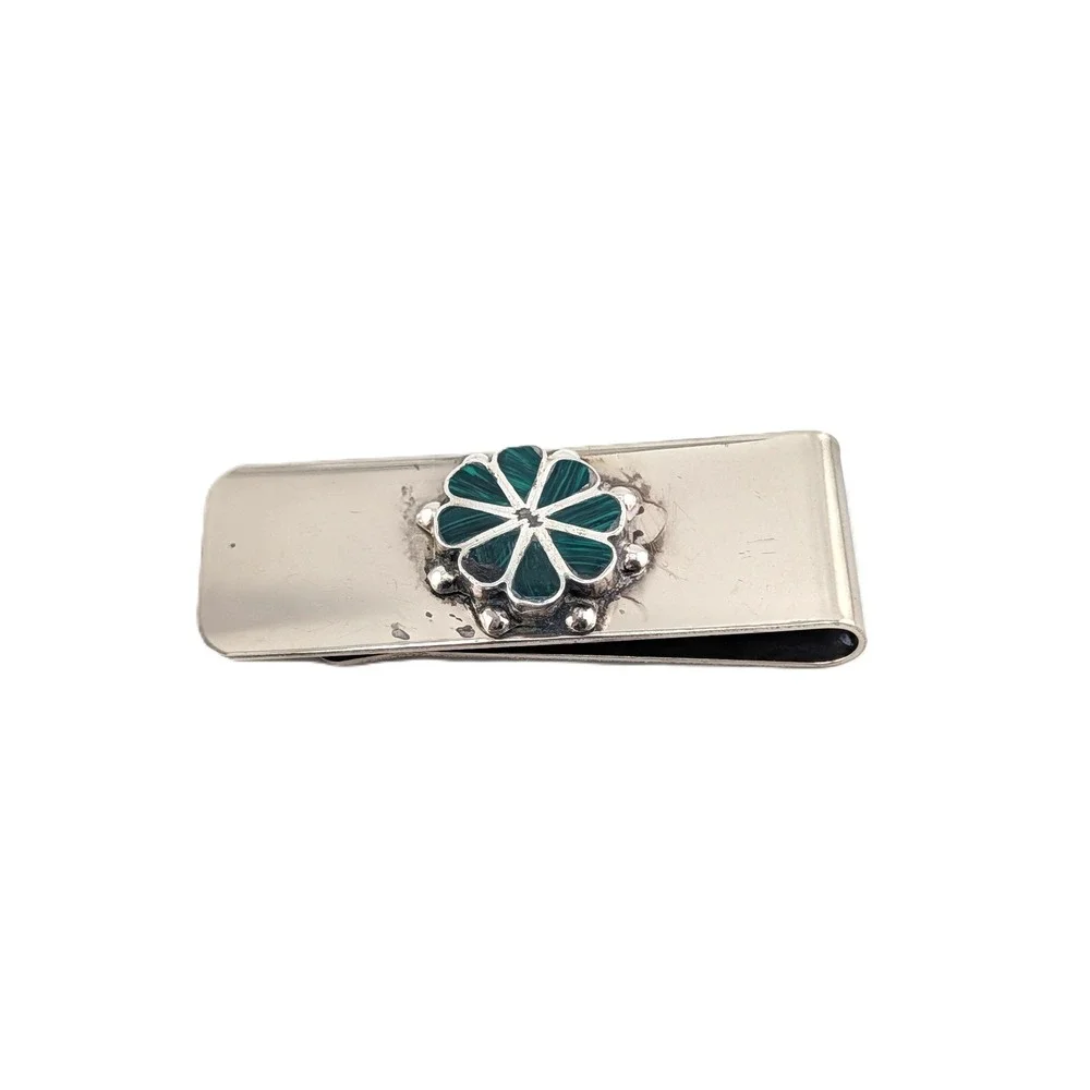 Navajo‎ Sterling Silver Malachite Inlay Money Clip Men's Handmade Accessories **